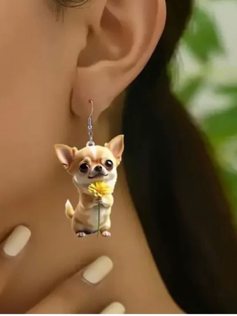 Chihuahua Dangle Earrings with Yellow Flower